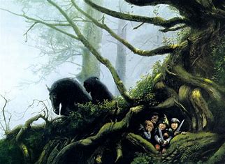 Frodon et ses amis se cache du nazgul
