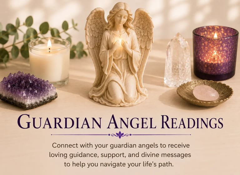 Guardian angel statue with burning candles and healing amethyst crystals for spiritual readings.
