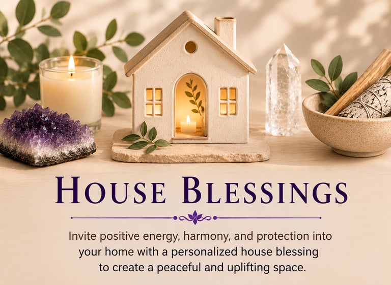 House blessing ritual scene with amethyst crystal, lit candles, and ceramic house for spiritual protection.