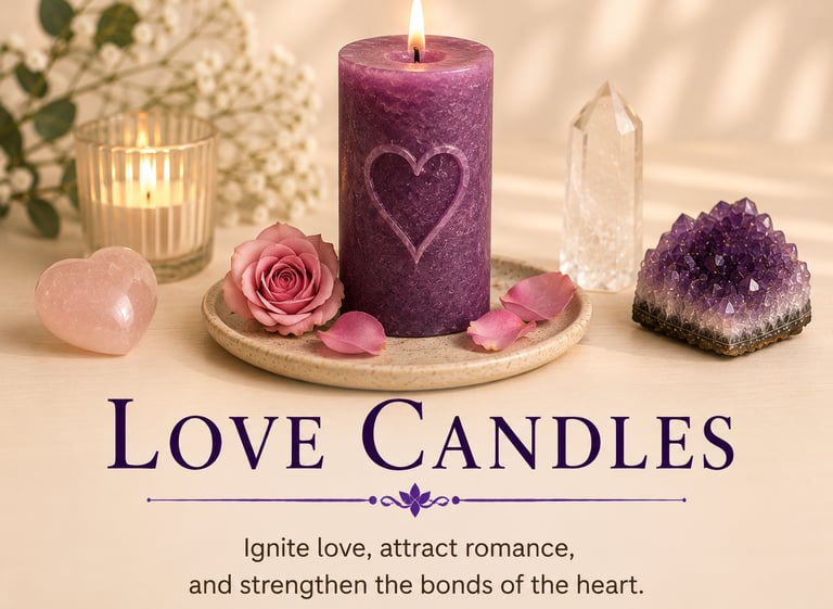 A purple pillar love candle with a heart carving, amethyst crystal, and rose quartz on a table.