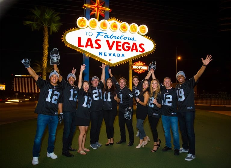 a group of people standing in front of a sign that says las vegas