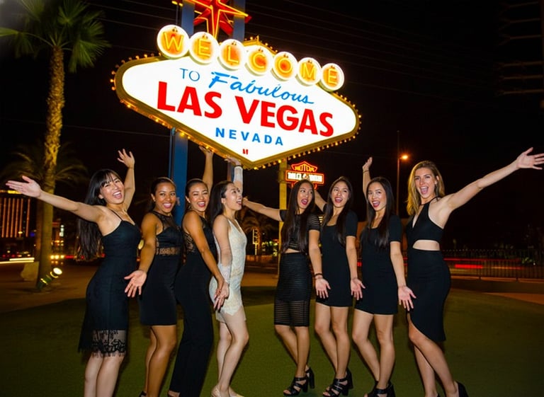 A group of women celebrating a bachelorette party at the Welcome to Fabulous Las Vegas sign at night.