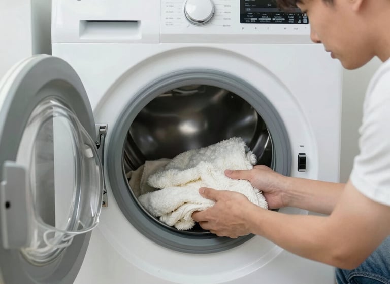 Professional repairing a washing machine in a cozy laundry room.