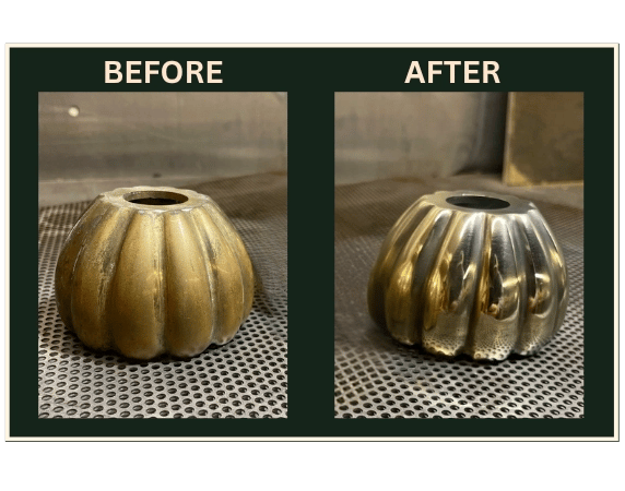 Before and after laser restoration of tarnished brass decorative piece in Southern California