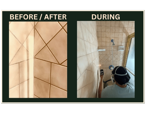 Before, during, and after laser cleaning of ceramic tile and grout lines in Southern California shower