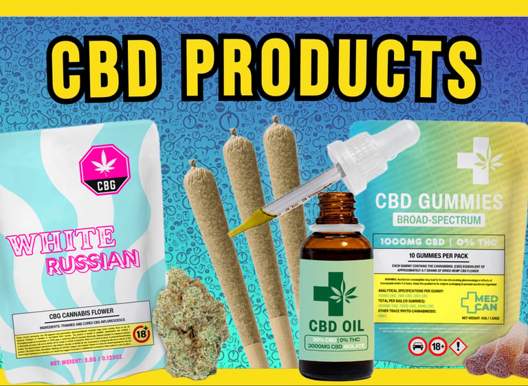 A variety of CBD products including hemp flower, pre-rolled joints, CBD oil tincture, and gummy edibles.