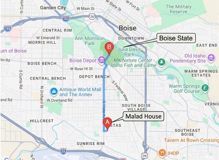 Map showing Malad House location on the Boise Vista Bench, a 6-minute drive to the Boise State campus.