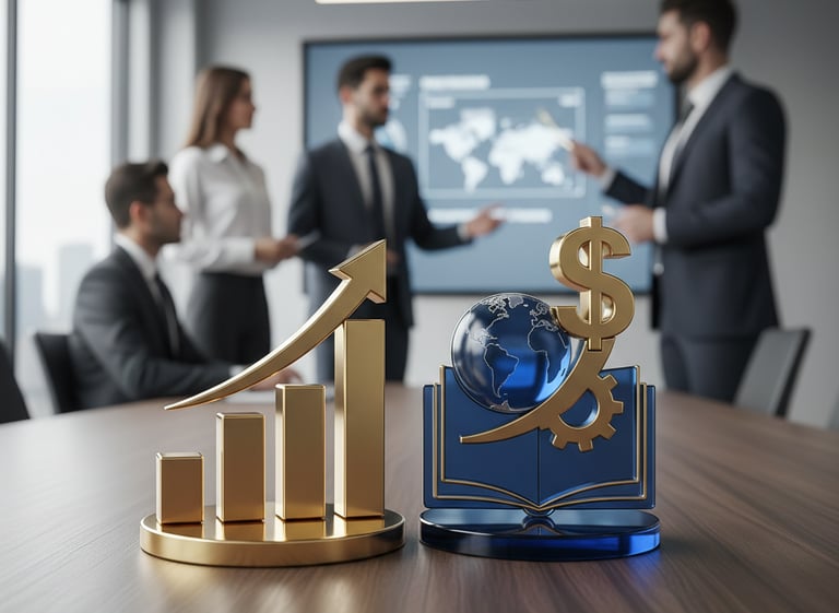 Gráfico de crescimento dourado, livro com cifrão, engrenagem e globo. Executivos em reunião.