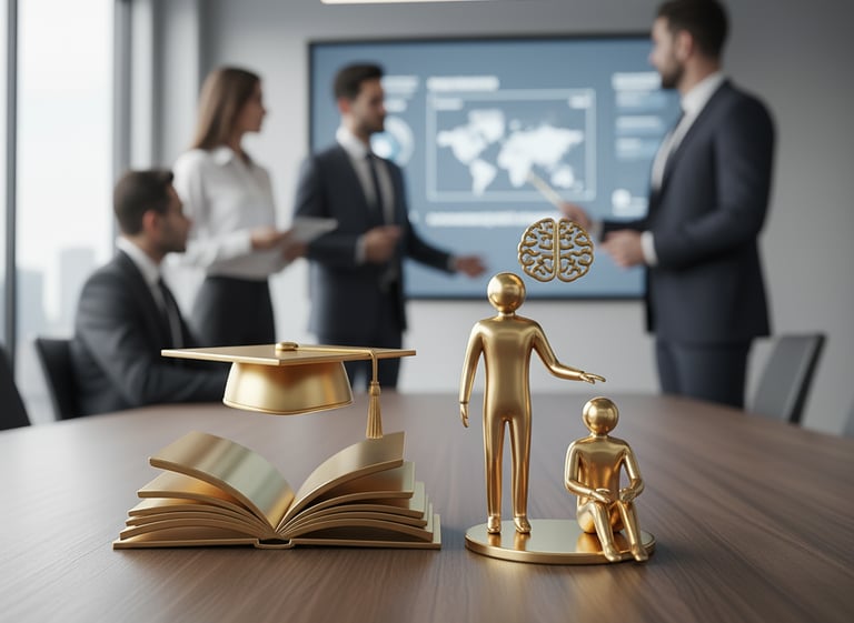 Livro e chapéu de formatura dourados, mentor e aprendiz dourados. Executivos em reunião