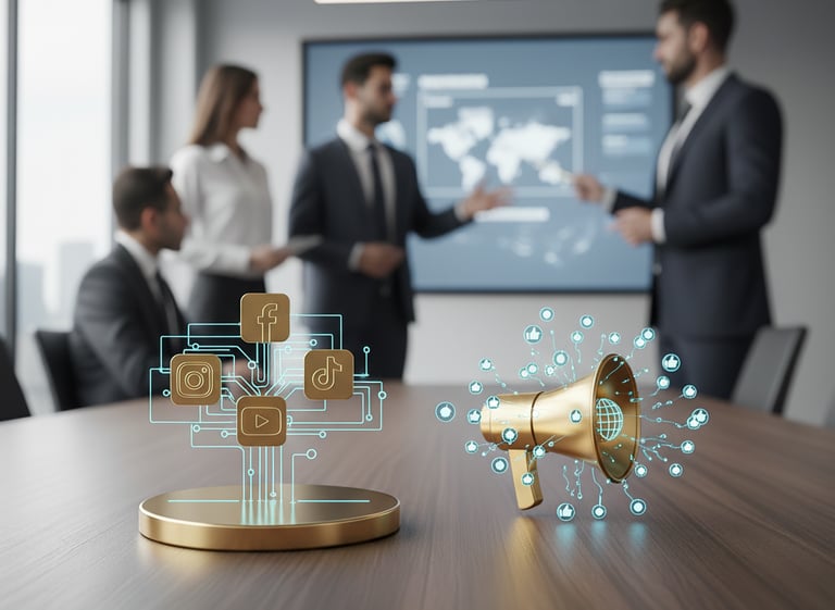 Símbolos de redes sociais conectados e um megafone dourado. Executivos em reunião.