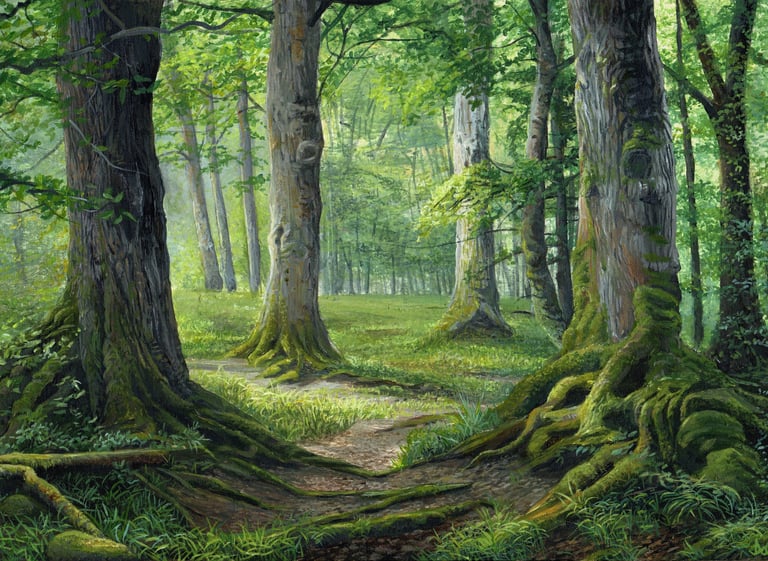 “A detailed acrylic painting showing ancient woodland in Sussex, with textured tree trunks and dappl