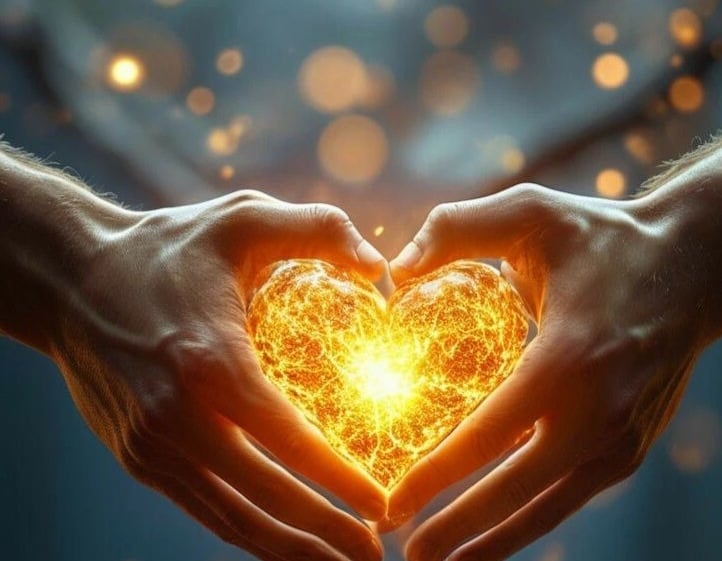 two hands holding a heart shaped heart with a glowing yellow light