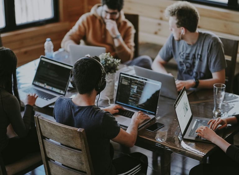 a team using their laptops to work