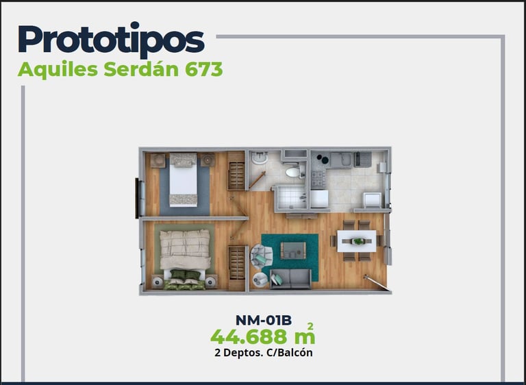 ASER Caracteristicas Departamento. Plano con 2 recamaras, sala comedor, baño y cocina. 44 mts2