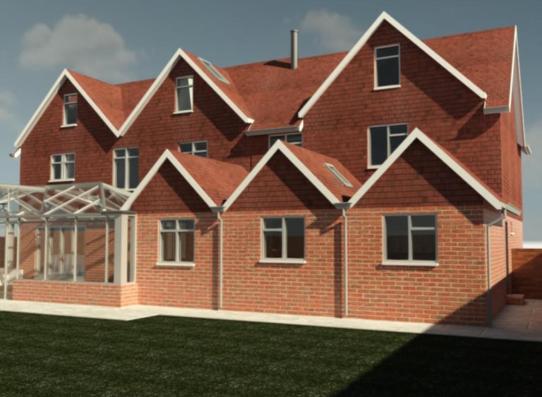 3D image of a proposed loft convers, conservatory extension and side extension