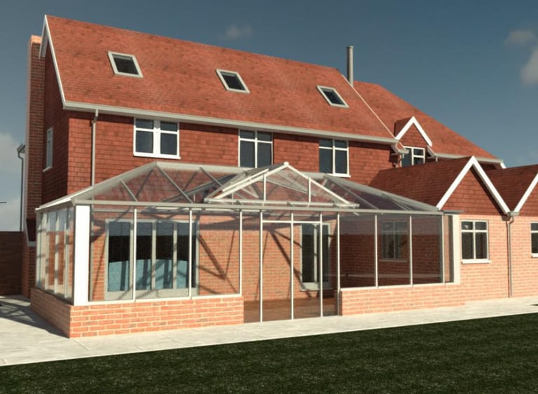 3D digital model of a single story conservatory for fully detached property 
