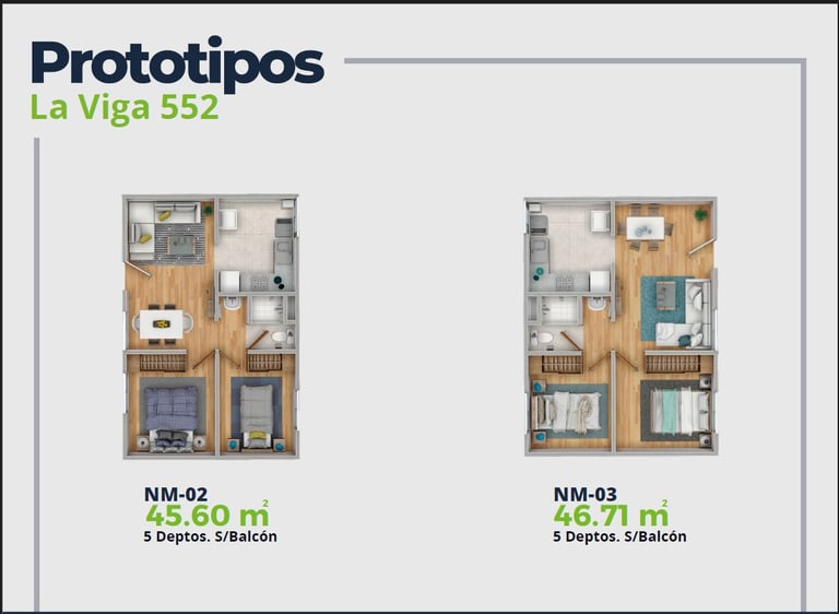 LV52 Características Depto.  Plano con 2 recamaras, sala comedor, baño y cocina. 45 a 46 m2