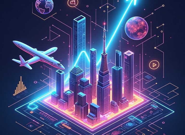 A futuristic image of skyscrapers with a plane flying overhead.