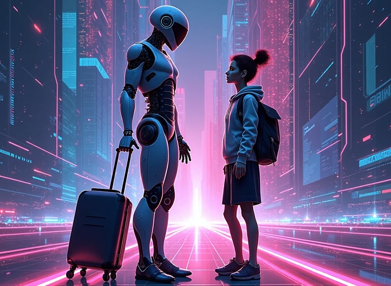 A Robot symbolising AI talking to a girl which symbolises humanity