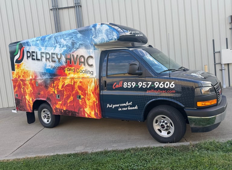 Custom fire and ice themed HVAC service truck wrap for Pelfrey Heating and Cooling by Big Sticker