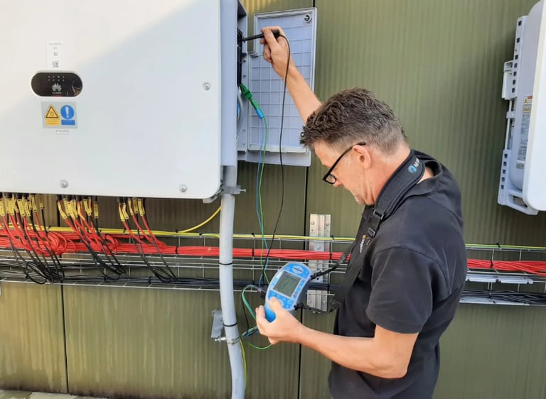 specteur voert metingen uit aan zonnestroominstallatie bij omvormer op buitenmuur