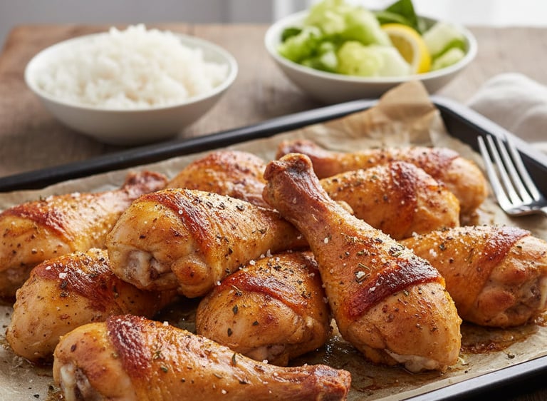 “Crispy golden oven-baked chicken drumsticks on a tray ready to serve.”