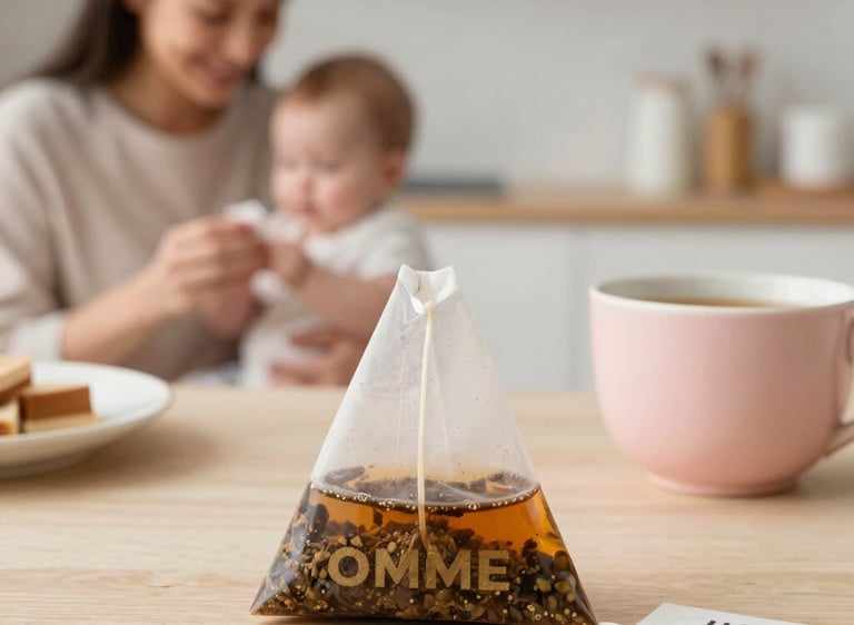 Elegant pyramid tea bags steeping in warm cups surrounded by cinnamon sticks and fresh herbs.