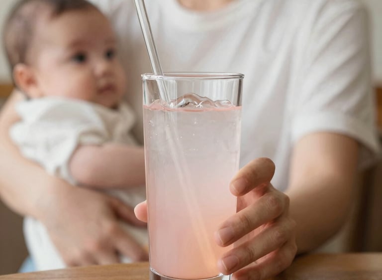 Close-up of cold lactation sachets with fresh raspberries and pineapple slices on a soft beige background.