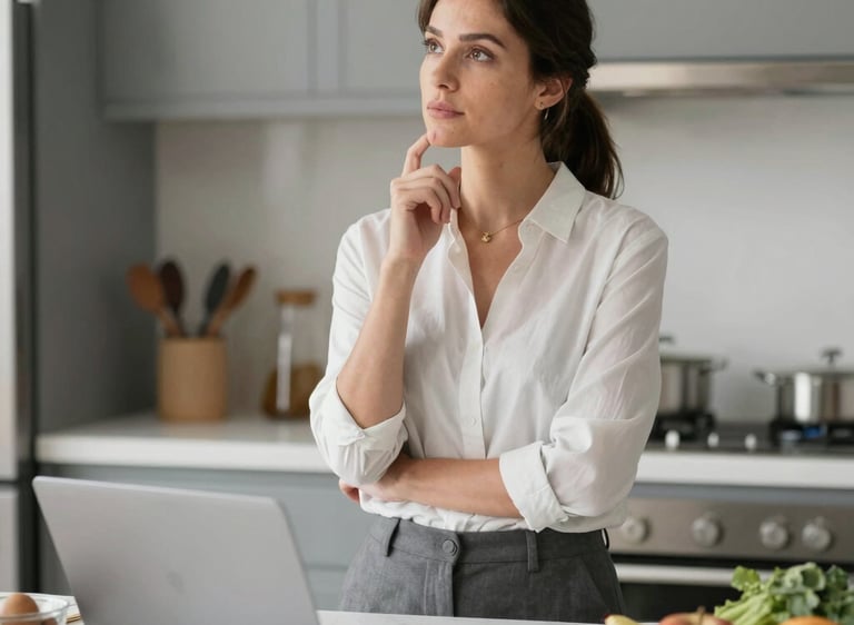 A warm kitchen scene with a mother preparing a healthy meal while smiling children watch eagerly.