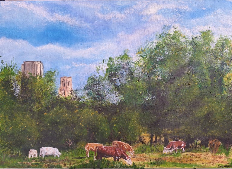 Acrylic on canvas board Landscape painting of Wymondham Abbey with cows