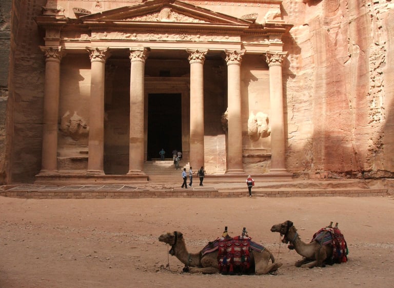 Petra Treasury with camels resting