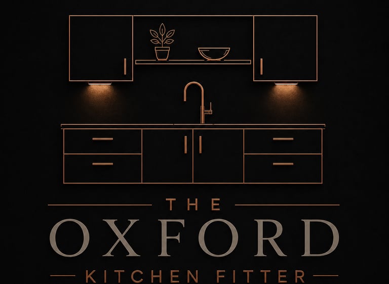 Logo for "The Oxford Kitchen Fitter" with a minimalist kitchen line drawing.