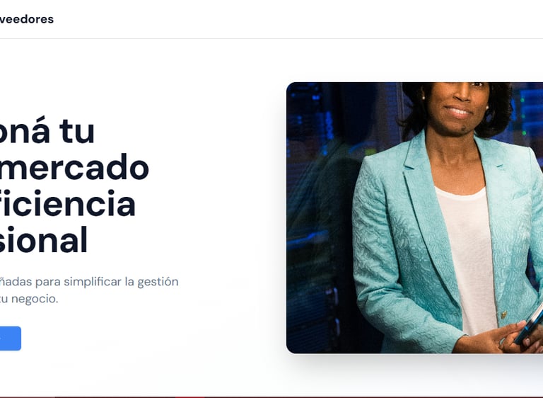Professional woman in a teal blazer holding a tablet for supermarket administrative management software.