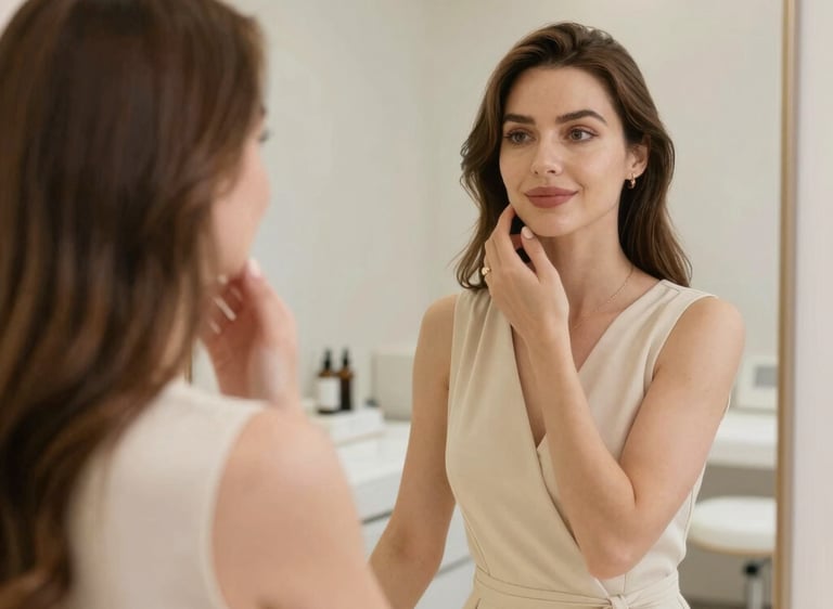 faça uma mulher bonita se olhando no espelho e sorrindo , feliz com sua beleza