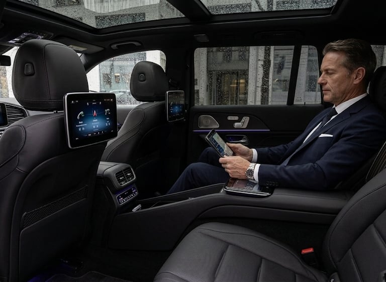 Businessman using a digital tablet in the luxury rear seat of a chauffeur-driven SUV with entertainment screens.