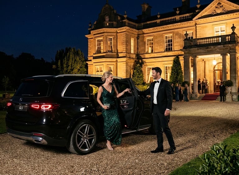 Elegant couple exiting a black Mercedes-Benz GLS SUV at a luxury estate for a black-tie event.