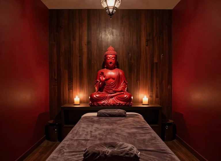 A serene treatment room bathed in soft natural light with minimalist Japanese-inspired decor and a neatly folded towel on a massage table.