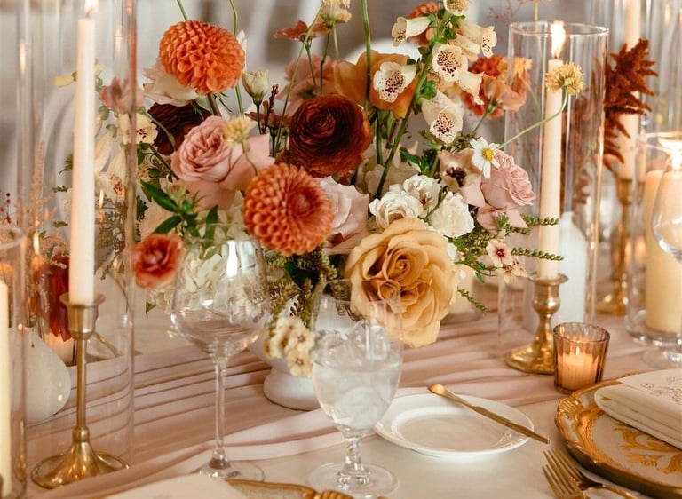 Mesa elegante con vajilla dorada, velas altas y arreglo floral sofisticado.