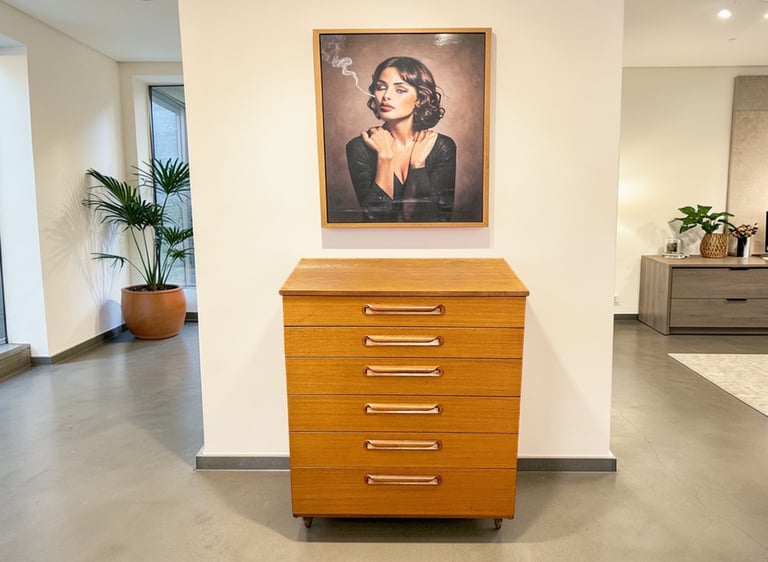 Schreiber Mid Century chest of drawers in teak with retro vintage design and practical bedroom storage.