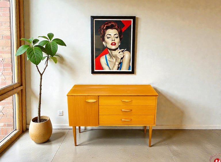Small Avalon teak sideboard with Mid Century Modern design and practical vintage retro storage for any room.