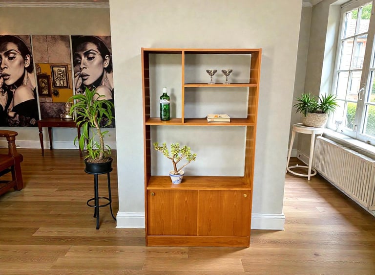 Mid Century room divider shelving unit in teak with retro vintage design and open practical storage display.