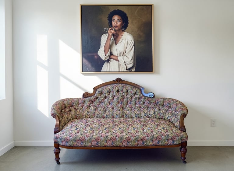 ictorian sofa with elegant carved wood frame and classic vintage upholstery.