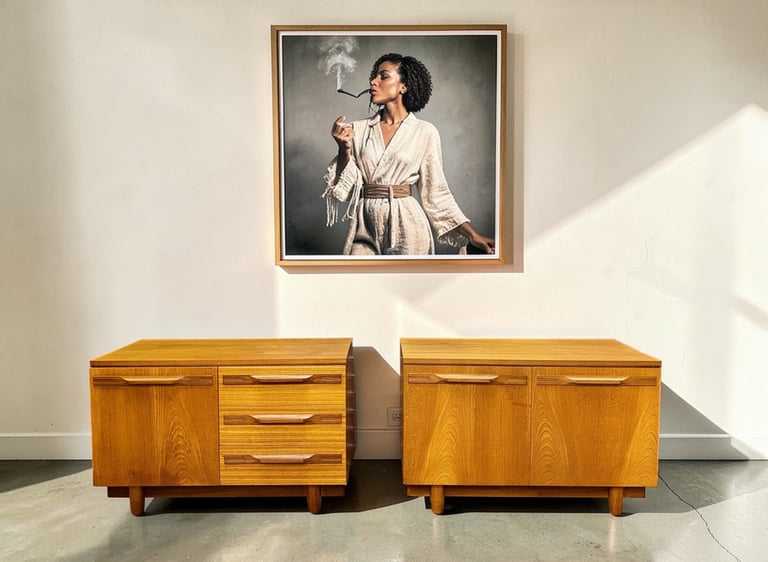 Vintage White & Newton teak cupboards with Mid Century Modern design and practical storage for living rooms, bedrooms..