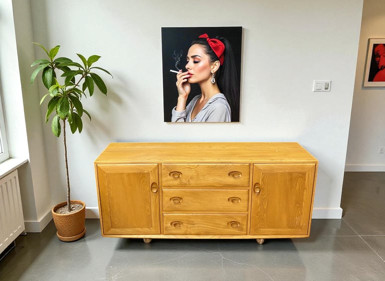 Ercol Model 455 sideboard, restored Mid-Century Modern teak cabinet with classic British design.