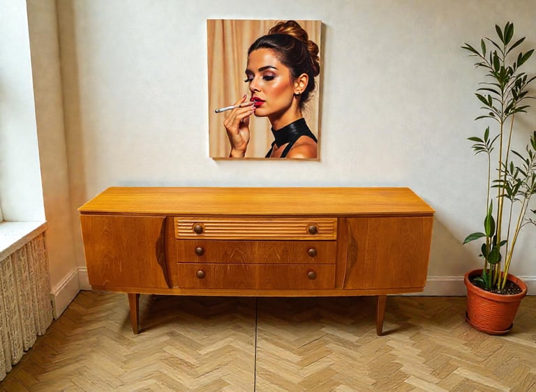 Beautility Brutalist sideboard in vintage wood, 1970s sculptural MCM storage cabinet with angular design, statement furniture