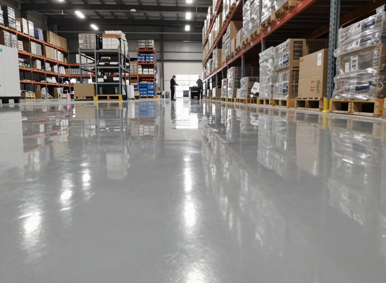A freshly finished high-end residential garage floor with a glossy metallic epoxy surface reflecting soft lighting.