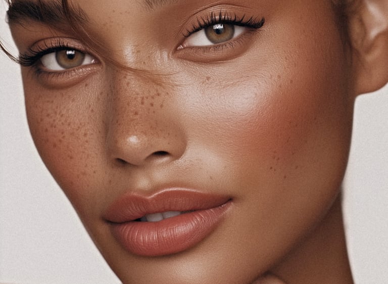Close-up of a woman with natural glowy makeup, freckles, and long lashes for a beauty editorial look.