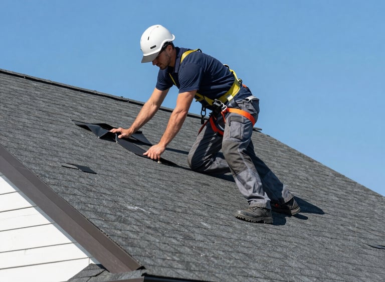 Close-up of a damaged roof with missing shingles being repaired by an expert.