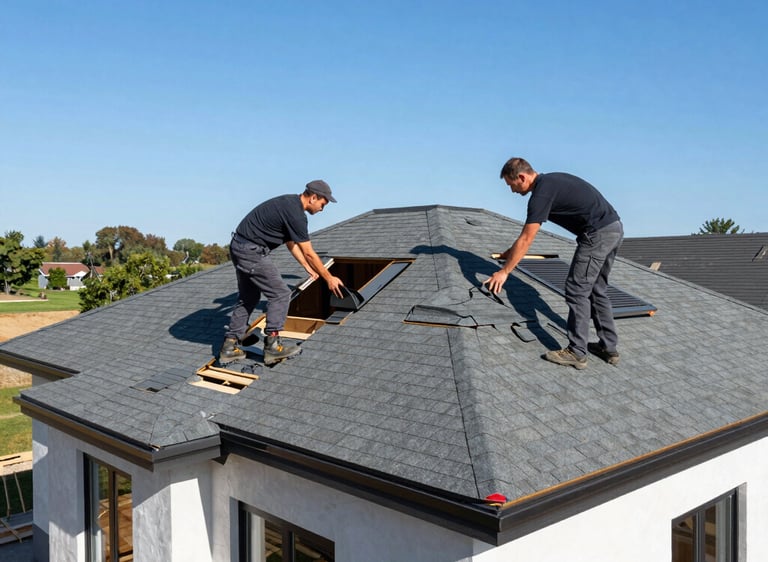 Close-up of a damaged roof with missing shingles being repaired by an expert.