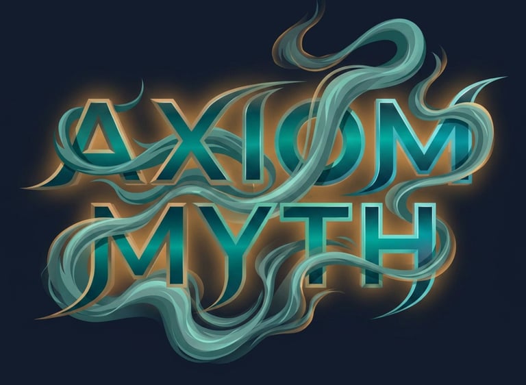Axiom Myth logo with glowing turquoise typography and ethereal swirling smoke wisps.